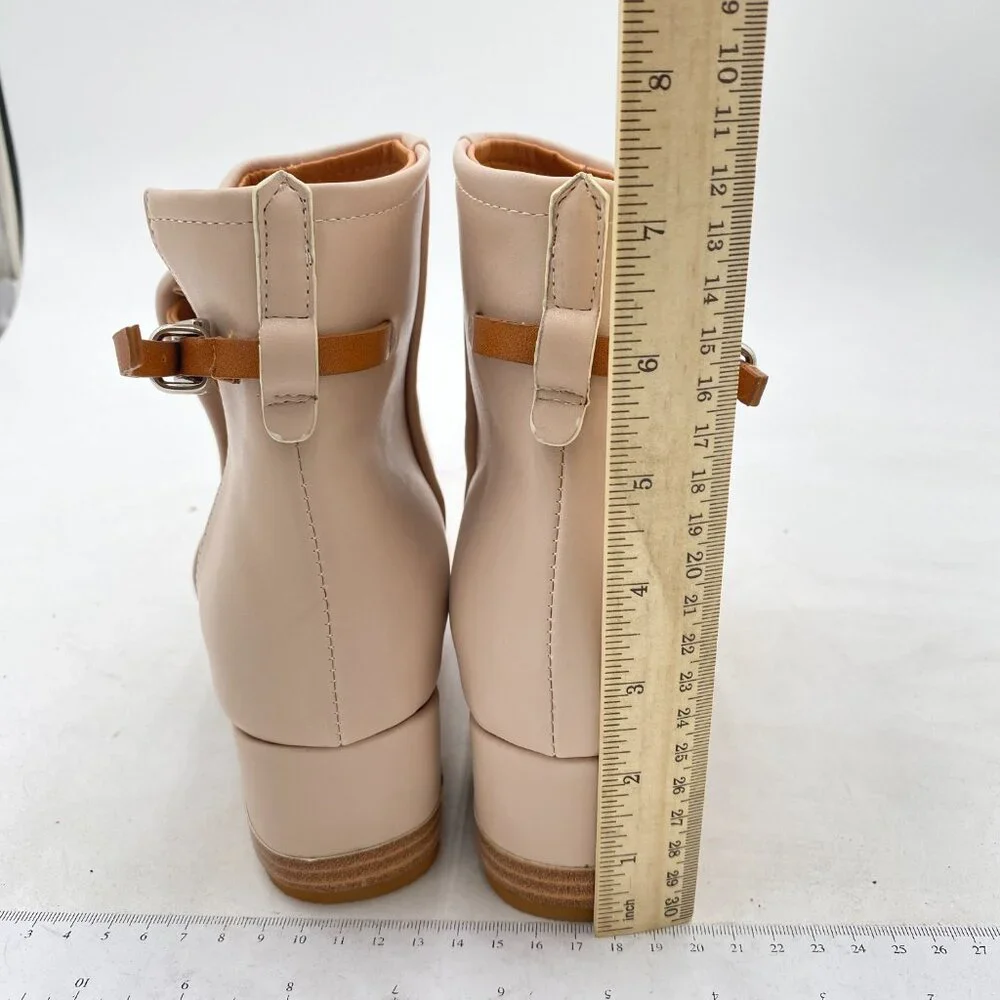 FSJ Apricot Peep Open Toe Cut Out Buckle Comfortable Block Low Heel Ankle Bootie - Picture 5 of 8